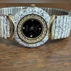 Ladies Futura Quartz Watch Granite Stone Look Bezel and Stretch Band
